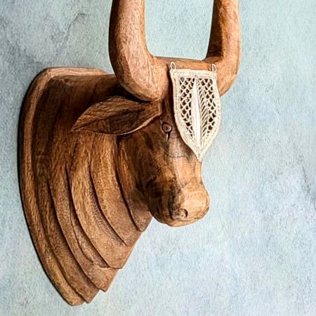 Handcrafted Wood Bull Head Wall Decor Sculpture